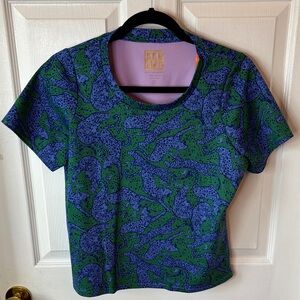 Blue and Green Patterned Women's Short Sleeve Top